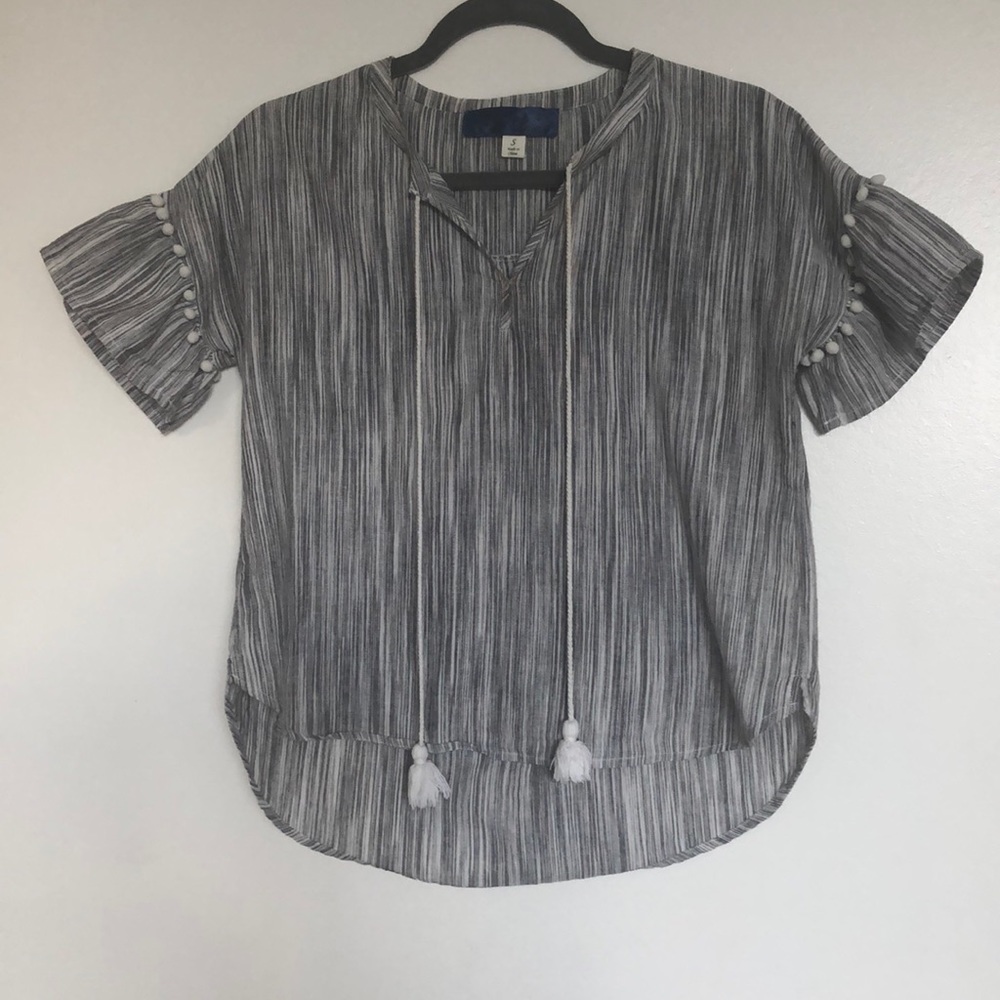 Gray and white shirt with small ball trim